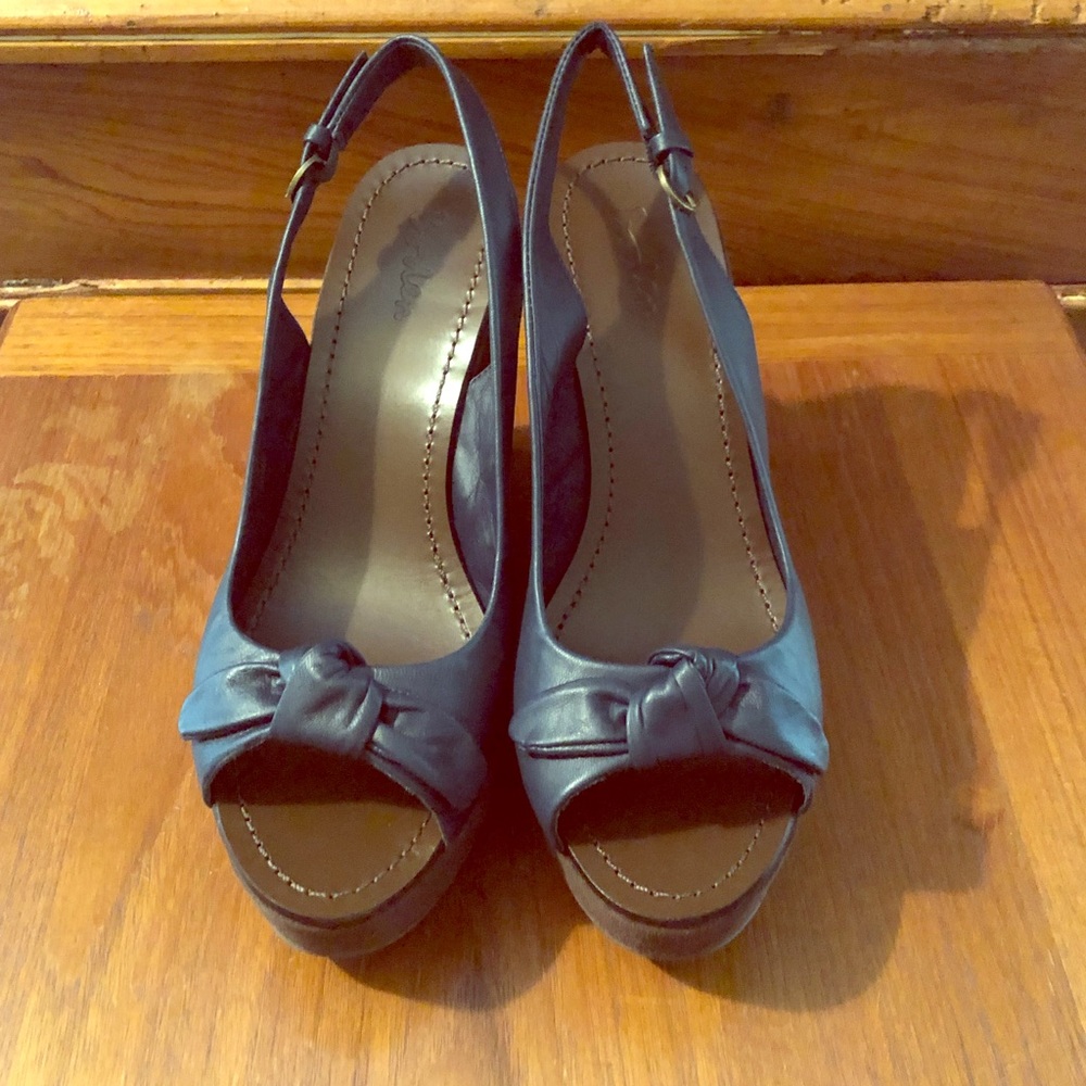 Boden Navy Leather Wedges